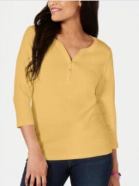 Karen Scott Womens Yellow Gold Petite Cotton Henley Shirt PS